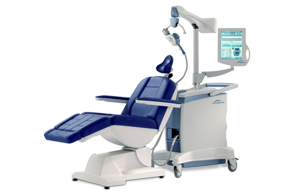Brain Imaging Center: Patient-friendly MRI system with ergonomic blue chair and articulating monitor designed for medical accessibility | Medical Devices