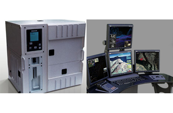 Civilian bomb detection unit designed for airport security; right panel displays active topographic data of terrain and waterways.