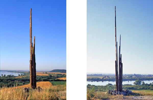 "Segue I environmental sculpture by Edward Dormer in Gniew, Poland, with preserved oak spires framing agricultural landscape and river valley