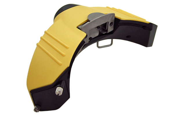 Rear view of fully assembled yellow and black safety version of the helmet-mounted infrared night vision device.