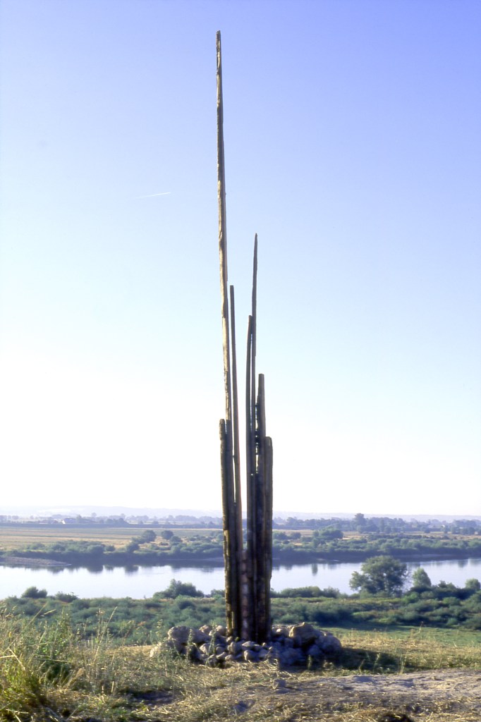 "Aerial photograph of surveyor-inspired installations atop historic Gniew Castle grounds."