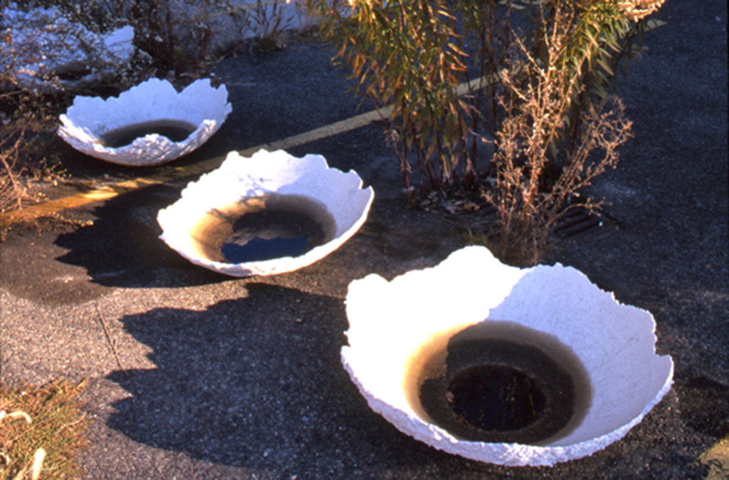 Blowback basin showing resinous rings forming from oil interaction in Edward Dormer's Philadelphia installation symbolizing environmental consequences