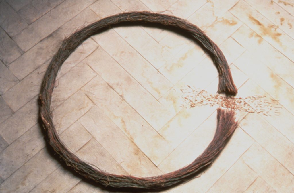 One Day Four Hours: Ouroboros installation by Edward Dormer in Potsdam Germany, featuring a circular oxidized copper wire arrangement with a deliberate break on a wooden floor, symbolizing disrupted continuity.